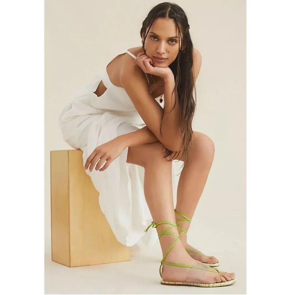 NEW Anthropologie Vicenza Transparent Zebra Sandal Tie Up Thong Sandals in Lime